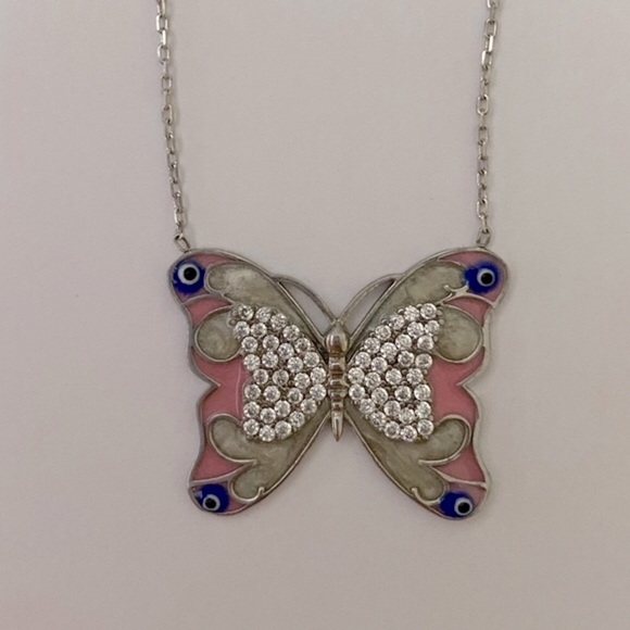 Jewelry - Pink butterfly evil eye silver pink cz necklace